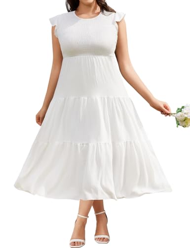 HEEKPEK Robe Ete Femme Grande Taille Robes Chic et Elegant Longue Col Rond Manches à Volants Robes Élastique Taille Décontractée Ample A-Line Robe de Plage(Blanc,XXL)