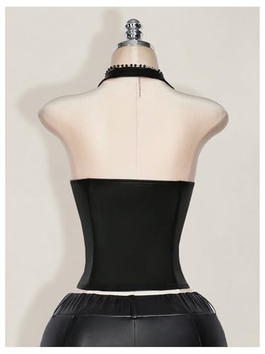SOLY HUX Women's Plus Size Halter Tops PU Leather Deep V Neck Lace Up Backless Sleeveless Summer Crop Tank Top2