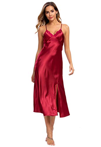 Alcea Rosea Womens Sleepwear Lace Lingerie Chemises V Neck Nightgown Sexy Long Sleep Dress Sleeveless Lace for Women Elegant (Wine01, XXXL)