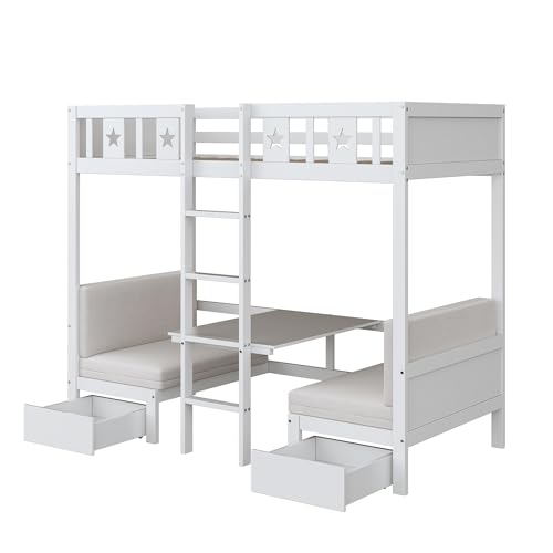 Platzsparendes Etagenbett für Kinder, Hochbett mit Flexibler Tisch und Holzsofa, Kinderbett mit Treppe und 2 Schubladen, 90x200cm Funktionsbett Stockbett Hochbett Jugendhochbett, Weiß, Ohne Matratze