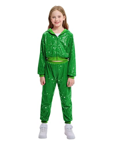 Image of LOLANTA 2Pcs Girls Dance Outfits Cropped Sequin Jacket Pants Set, Kids Hip Hop Dance Costumes for 80s 90s Party 5-15 Years