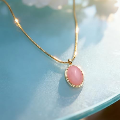 Sonateomber Gold Rose Quartz Stone Pendant Necklace for Women, Chunky Statement Pink Oval Natural Gemstone Dangle Necklaces Wedding Prom Accessories Fashion Jewelry Gift by Sonateomber - Used condition - Image 6