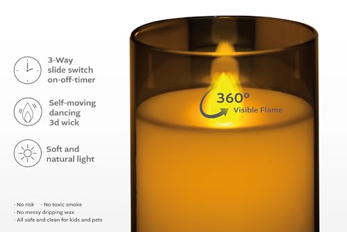 Image of Flameless Candles - Set of 3 Grey Acrylic Flickering led Battery Operated with Remote & Timer, Fake Electric Candle Set for New Home Gift Ideas, Happy Anniversary, Engagement