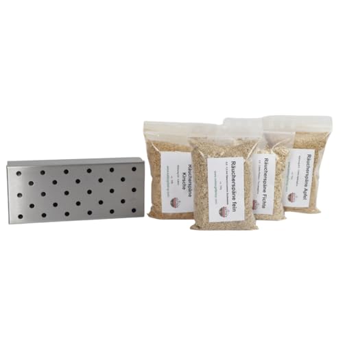Starter Set di diversi tipi di trucioli per affumicatura mela/faggio/ciliegia/abete rosso e scatola per affumicatura