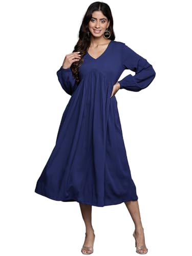 Image of Varanga Women Blue V-Neck, Bishop Sleeves, Gathered Details Calf Length A-Line Dress, Flared Hem