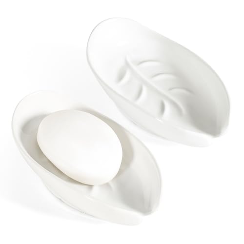 Soap Dish, Self Draining Soap Holder, Leaf Shape Ceramic Bar Soap Holder Drain Soap Dishes for Bathroom Sink Kitchen, Easy to Clean, Keeps Soap Dry, Black, ANTIS'S HOME Black-1pcs-enhanced D