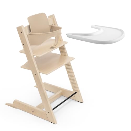 Trona Tripp Trapp de Stokke (Natural) Con Bandeja (Blanco) - Incluye Silla, Baby Set 2 Para Niños de 6 a 36 Meses - Ajustable y Fácil de Limpiar