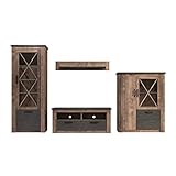 Moderne Möbel für den Wohnbereich Front: Tabak Eiche, Absetzung: Matera. Kombination bestehend aus 2 Vitrinen, einem TV-Lowboard und Wandboard.