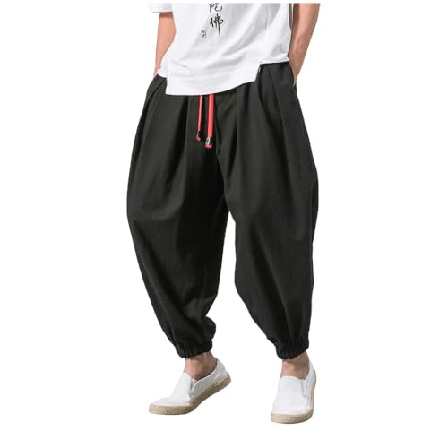 POHADON Mens Hip Hop Parachute Pants Harem Tapered Pants Linen Joggers Comfy Elastic Baggy Drop Crotch Sweatpants Trousers