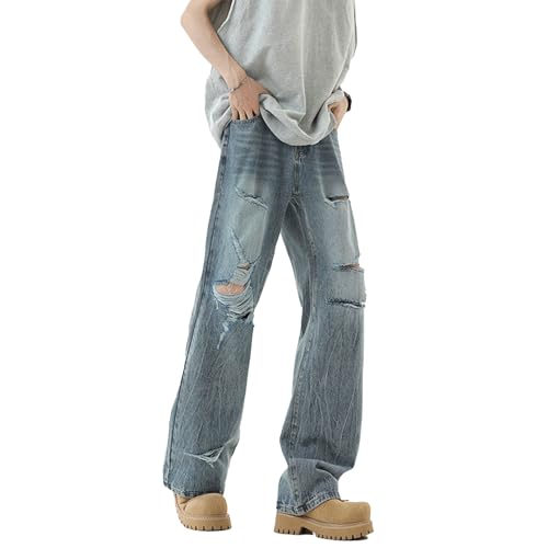 Baggy Flared Ripped Jeans for Men Vintage Distressed Wide Leg Denim Pants Streetwear Skate Style