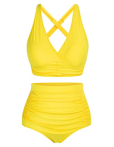 Women's Plus Size High Waisted Ruched Tankini Swimwear Halter V Neck Bikini Sets Yellow 12 Plus #TOP23