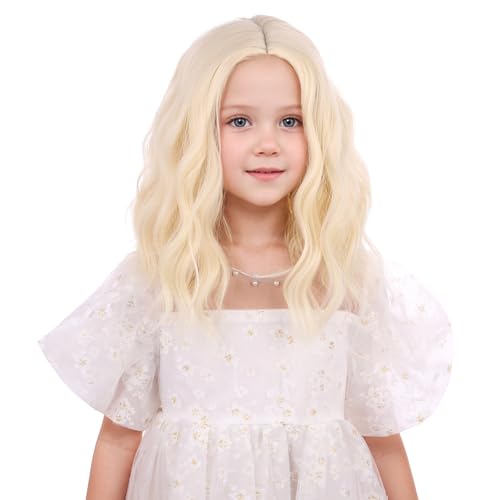 Edivd Platinum Blonde Wig for Kid Girls Short Light Blonde Side Part Wig Children Light Blonde Wavy Curly Wig Heat Resistant Synthetic Wig with Wig Cap