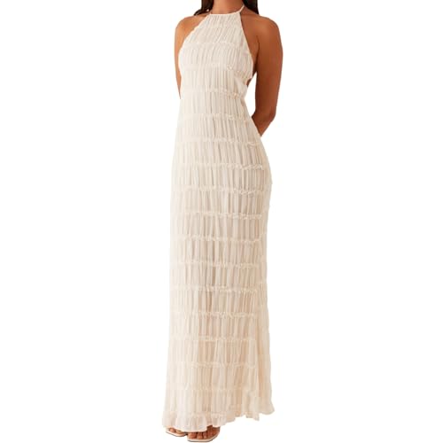 Women Backless Maxi Beach Dress Spaghetti Strap Halter Smocked Long Dress Flowy Vacation Sundress Apricot