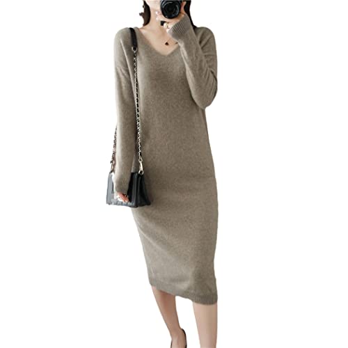Robe en laine mérinos kaki col en V chic et chaude pour femme