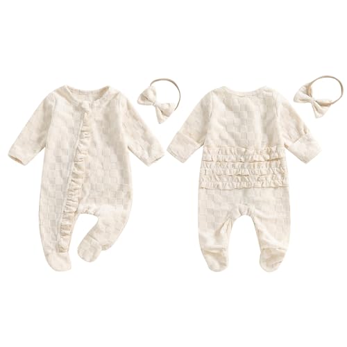Image of BemeyourBBs Newborn Baby Girl Clothes Ruffle Baby Sleeper Zipper Footie Romper Playsuit with Headband Outfit