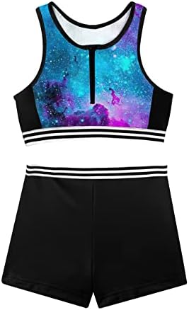 Enlifety Girls Bathing Suit Size 10 11 Summer Beach Casual Sport Two Piece Swimsuit Cute Galaxy Zipper Tankini Swimwear with Boyshorts