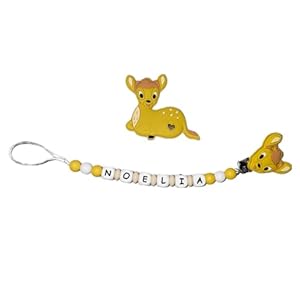 Chupetero Personalizado con Nombre de Bebe. Cadena para no Perder el Chupete. Sujetachupetes Seguro Frabricado en España. EN-71 TetebyNoa (Bambi+Mordedor)