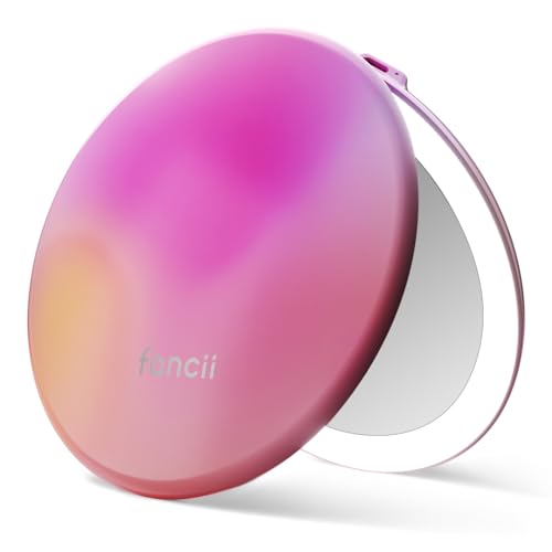 Image of Fancii Taylor LED Lighted Travel Makeup Mirror, Rechargeable, 10x /1x Magnifying, Tru-Glow Lighting System, XL Large 5 inch Wide | Compact Mirror for Purses (Berry Lemonade)