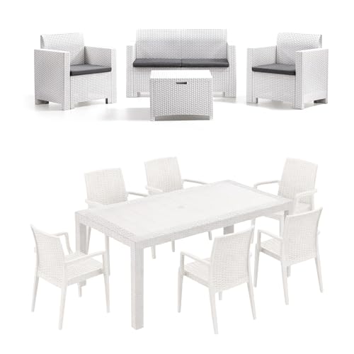 Misure tavolo: 140x80x72cm HOUSE COLLECTION, SET COMPLETO DA GIARDINO COMPOSTO DA SOFà, 2 POLTRONCINE E TAVOLINO + 1 TAVOLO PRANZO + 6 SEDIE DAFNE CON BRACCIOLI BIANCO (1 BCA100 + 6 ARE052 + 1 ARE054)