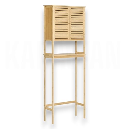 Genérico Mueble de Baño sobre Inodoro de Bambú, 63x26x169 cm, con Armario Superior de Puertas Tipo Persiana, Diseño Ventilado, Organizador Vertical para Baño