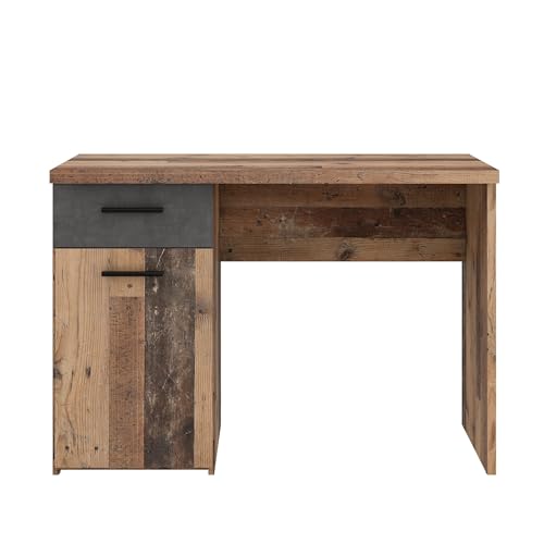 möbelando Schreibtisch >Winnie< in Old-Wood Vintage Dekor mit Betonoptik Dunkelgrau bietet eine stabile Arbeitsfläche (110x76,3x60 cm), 1 Schublade und 2 Drehtüren im Industrial-Stil.