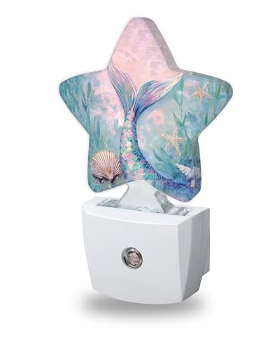 ICRICR Cute Mermaid Tail Night Lights Plug Into Wall Seashell Dusk to Dawn Light Sensor Night Light for Kids Energy Efficient Sleep Friendly Lamp for Bedroom Bathroom Nursery