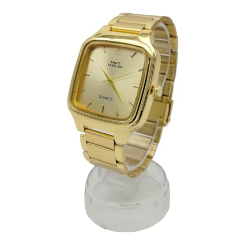 Image of HMT FASHION Golden Dial Wrist Analog Watch, Golden Square Big Size Dial Metal Strap Mens & Boy's Watches Hmtf7300G