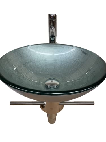 Lorixon Lv-002Slvr Elegant Modern Floating Small 16" Wide Bathroom Vanity Tempered Glass Silver Gray Vessel Sink Wall Mount Stainless Steel Pedestal Clear Glass Shelve Towel Bar Pop Up Combo Set #TOP6