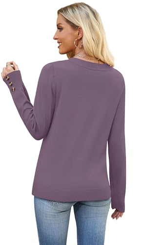 Image of WIHOLL Lightweight Sweaters for Women Long Sleeve V Neck Knit Outfits with Decorative Buttons