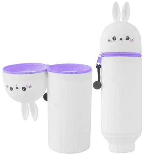 YADOBIG 2 en 1 Estuche Escolar Kawaii de Silicona, Telescópico Estuche de Silicona, con Cremallera, Adecuado para el Oficina, Colegio, Regalo para Niños y Niñas, Conejo Kawaii