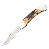 Bear & Son 505 Genuine India Stag Bone™ Lockback Pocket Knife – Traditional Folding EDC with 440 Stainless Hollow Ground Plain Edge Blade, Nail Nick Opening, Nickel Silver Bolsters, Tip-Down Clip