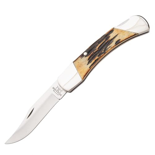 Bear & Son 505 Genuine India Stag Bone™ Lockback Pocket Knife – Traditional Folding EDC with 440 Stainless Hollow Ground Plain Edge Blade, Nail Nick Opening, Nickel Silver Bolsters, Tip-Down Clip