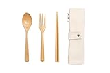 NUMU Wooden Cutlery Set | Travel Utensils Set | Eco Friendly Reusable Flatware | Fork, Spoon, Chopsticks w Portable Pouch (Beige) | Lightweight Stronger than Bamboo Utensils for Camping Office Lunch