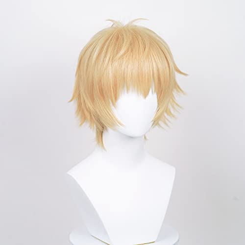 Image of LABEAUTE Short Golden Wig for Men Cosplay Unisex Male Anime Yellow Wig with Bangs for Halloween Party Hair Wig + Cap