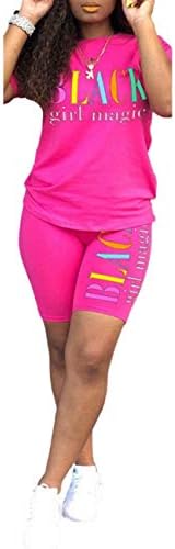 FANTASYSKINS Women's Neon Color Sports Matching Suit Black Girl Letter Print 2PCS Short Sleeve Tshirt Biker Shorts Tracksuit(RO,2XL)