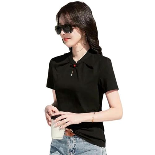 T-shirt plissé en coton style chinois pour femmes | Haut décontracté d'été