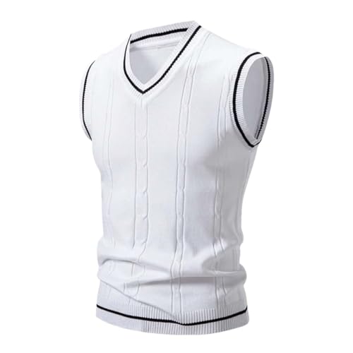 Adhdyuud Men V Neck Sleeveless Sweater Vest Striped Trim Cable Knit Pullover Slim Fit