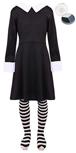 Girls Deluxe Gothic Schoolgirl Fancy Dress Costume - Wednesday Halloween Costume - Long Black Collared Dress + Striped Tights + Facepaint (Medium - 7-9 Years)