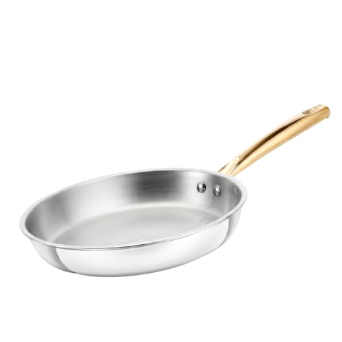 Image of Amazon Brand - Solimo Premium Triply Stainless Steel Frypan 24cm (1.7L) | Even Heating Triply Base | Gas & Induction Compatible | SS 304 Food-Grade | Dishwasher Safe | Elegant Golden Handles | BIS Certified