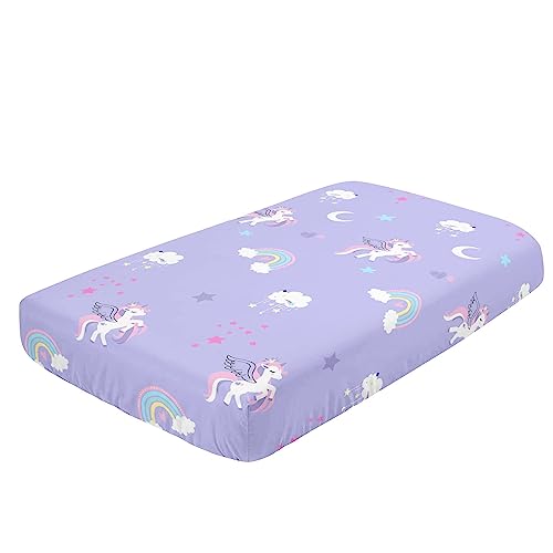Image of Crib Bedding Set, 3-Piece Nursery Bedding with Comforter, Crib Sheet & Skirt, Watercolor Rainbow Unicorn Printed - Unicorn Purple