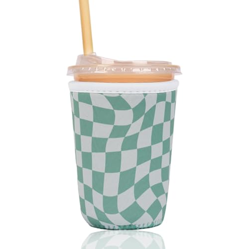 Image of Reusable Insulated Sleeve for Iced Coffee Cup, Coffee Neoprene Sleeve for Cold & Hot Drinks, Beverage Holder for Iced Coffee (Wavy Grid, Small: 16-18oz)