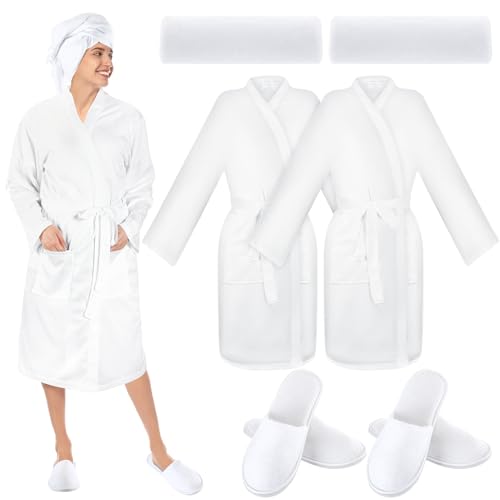Handepo 2 Sets Waffle Bath Robe Set Unisex Hotel His and Hers Robes Couples Lightweight Knit Spa Bathrobe Slipper Hair Towel(White,L)