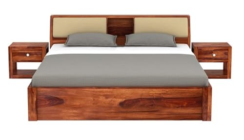 Image of STRATA FURNITURE Sheesham Wood Queen Size Double Bed Without Storage | Wooden Palang Cot for Bedroom Living Room Furniture (Honey Finish)