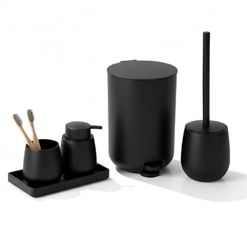 IlGruppone Set Accessori Bagno 6 Pezzi in ABS Completo – Pattumiera con Pedale, Scopino WC, Dispenser Sapone, Porta Spazzolini, Bicchiere e Vassoio Antiscivolo Design Moderno e Resistente - Nero