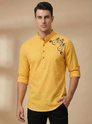 Image of DEEMOON Men's Full Sleeve Short Kurta Shirt with a Trendy Mandarin Collar Crafted from a Premium Cotton Blend for Comfort Ideal for Casual and Semi-Formal Occasions