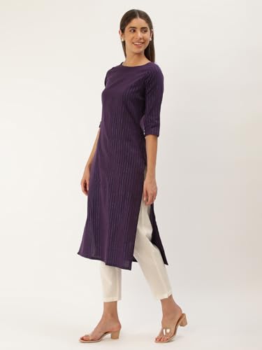 Image of Saanjh Women's Fit Straight Cotton Blend Long Kurta, 3 /4 Sleeve, Knee Length Kurtis, Casual and Office Wear