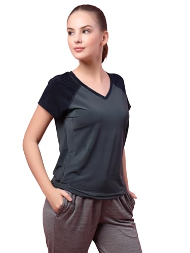 Image of UZARUS Women's V-Neck Regular Fit Gym T-Shirt | Soft Lightweight & Stretchable Fabric | Activewear Top for Workout Yoga Running Exercise Casual Wear