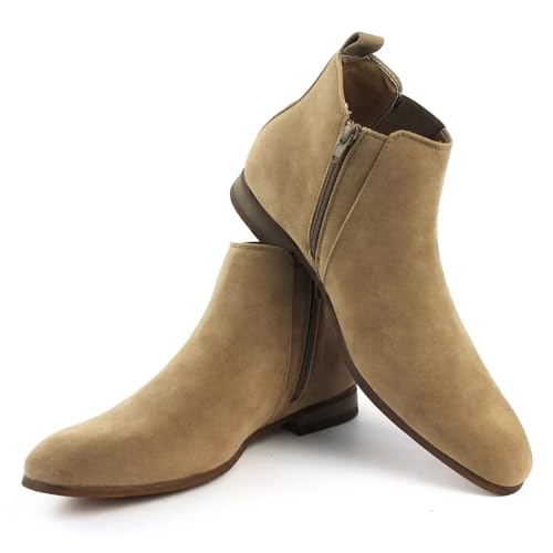 ÃZARMAN Men's Ankle Dress Chelsea Boots Side Zipper Closure (10.5, Tan Beige Suede)3