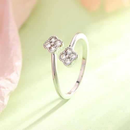 CZ Four Leaf Clover Open Wrap Ring for Women Crystal Good Luck Flower Adjustable Stacking Statement Finger Bands Eternity Promise Rings Dainty Jewelry Gifts Wedding3
