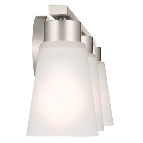 Image of Kichler Stamos 3-Light Bathroom Vanity Light Fixture with Satin Etched Glass Shades, 22 in Modern Wall Mount Light in Brushed Nickel for over Mirror (22 in x 5 in x 8 in), 55121NI